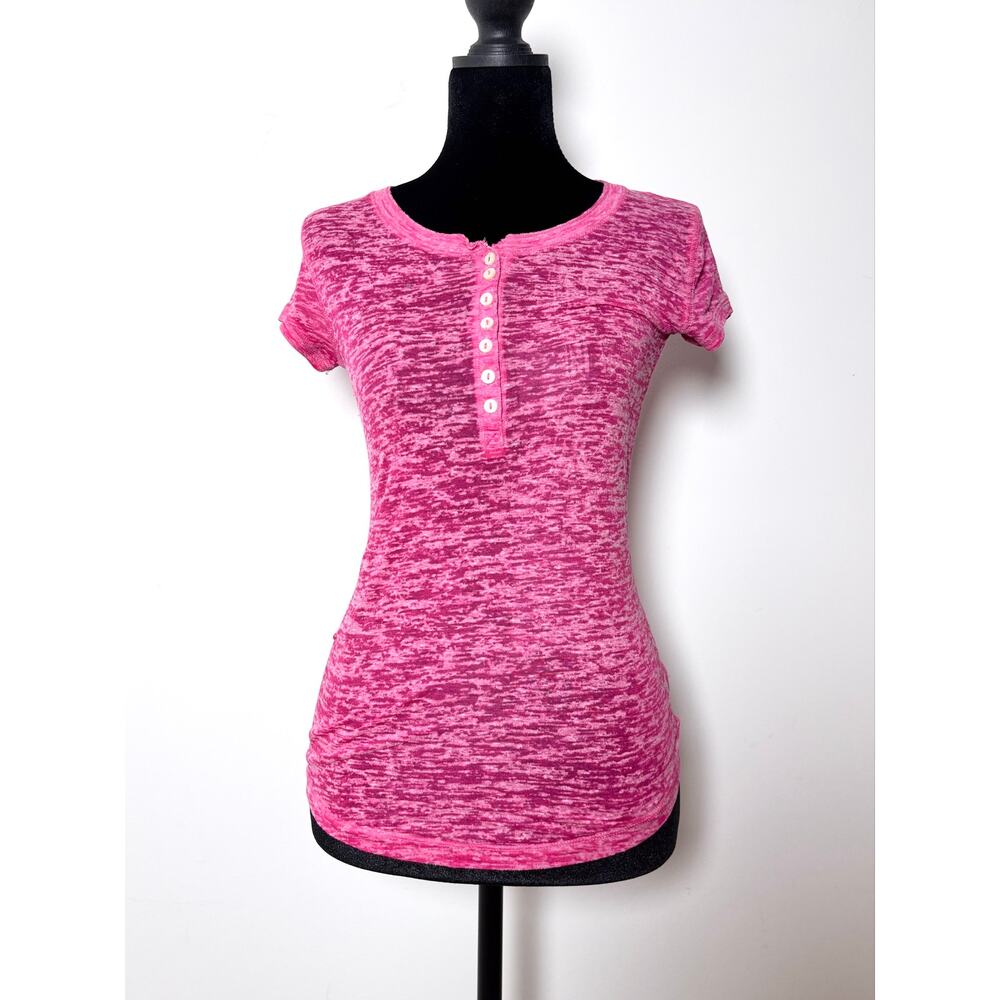 Vtg Y2K Aeropostale Hot Pink Sheer Burnout Short Sleeve Henley